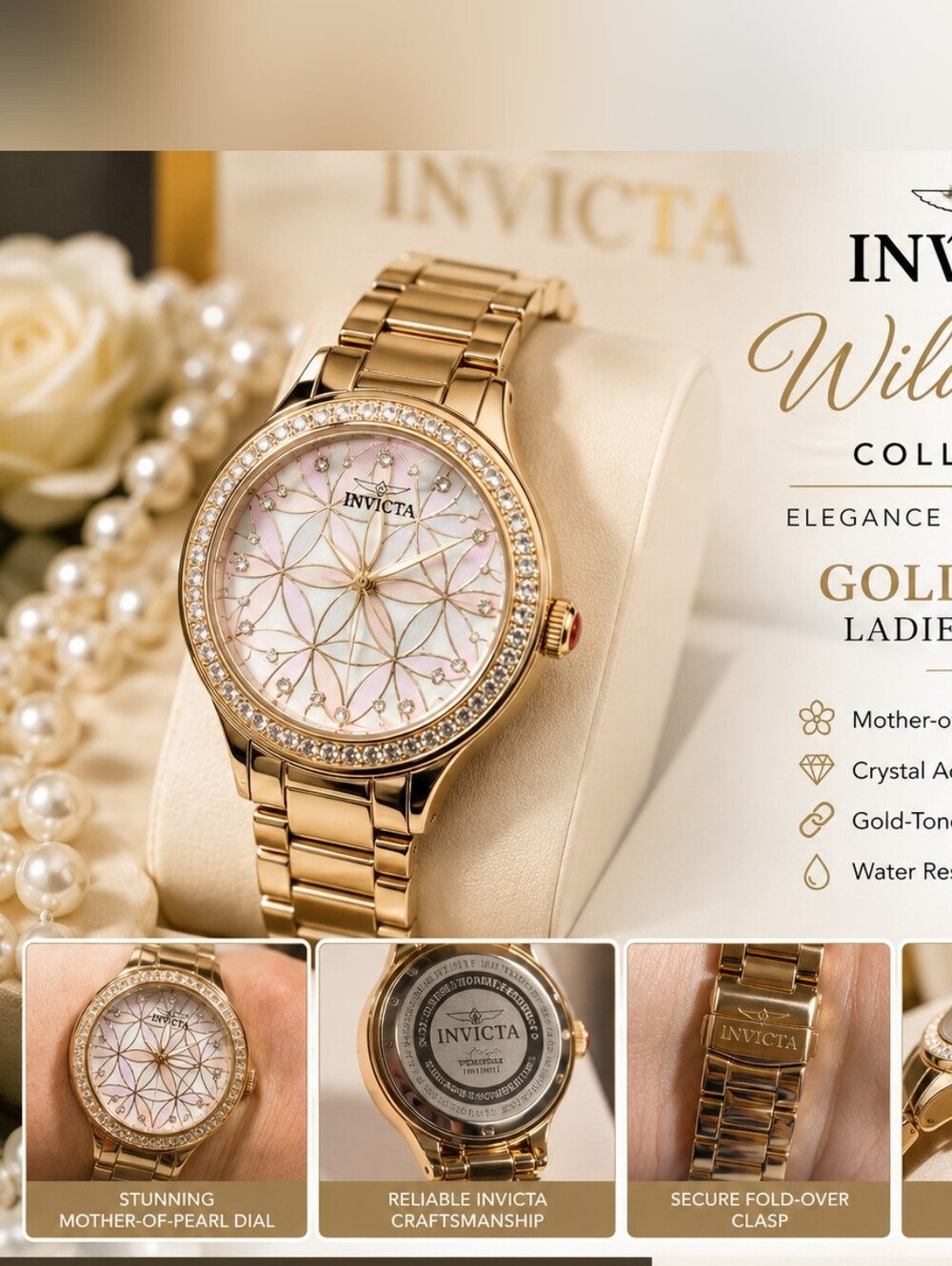 Invicta Gold-Tone Wildflower  Watch with Iridescent Mother-of-Pearl Dial